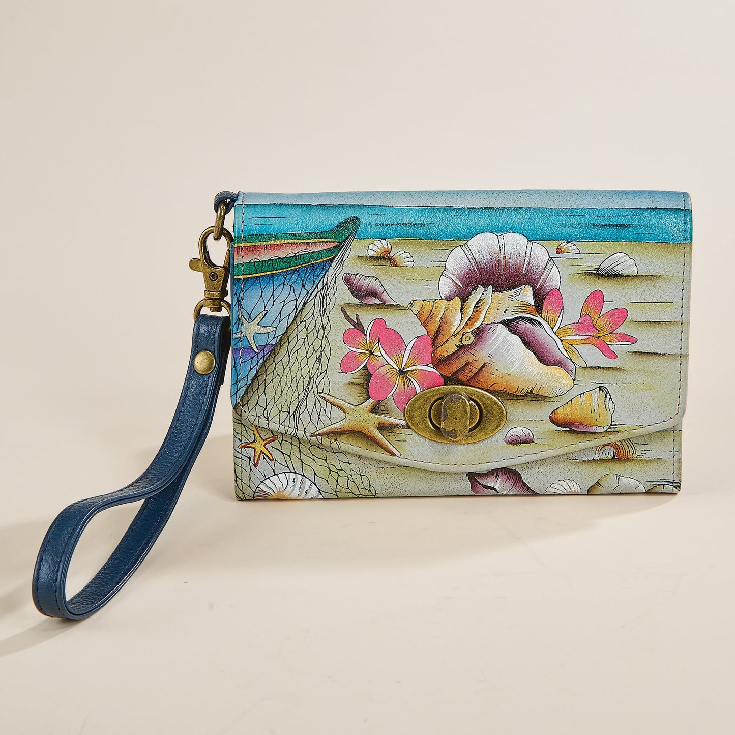 Hand-Painted Sand & Seashells Leather Wristlet Clutch