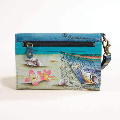 Hand-Painted Sand & Seashells Leather Wristlet Clutch