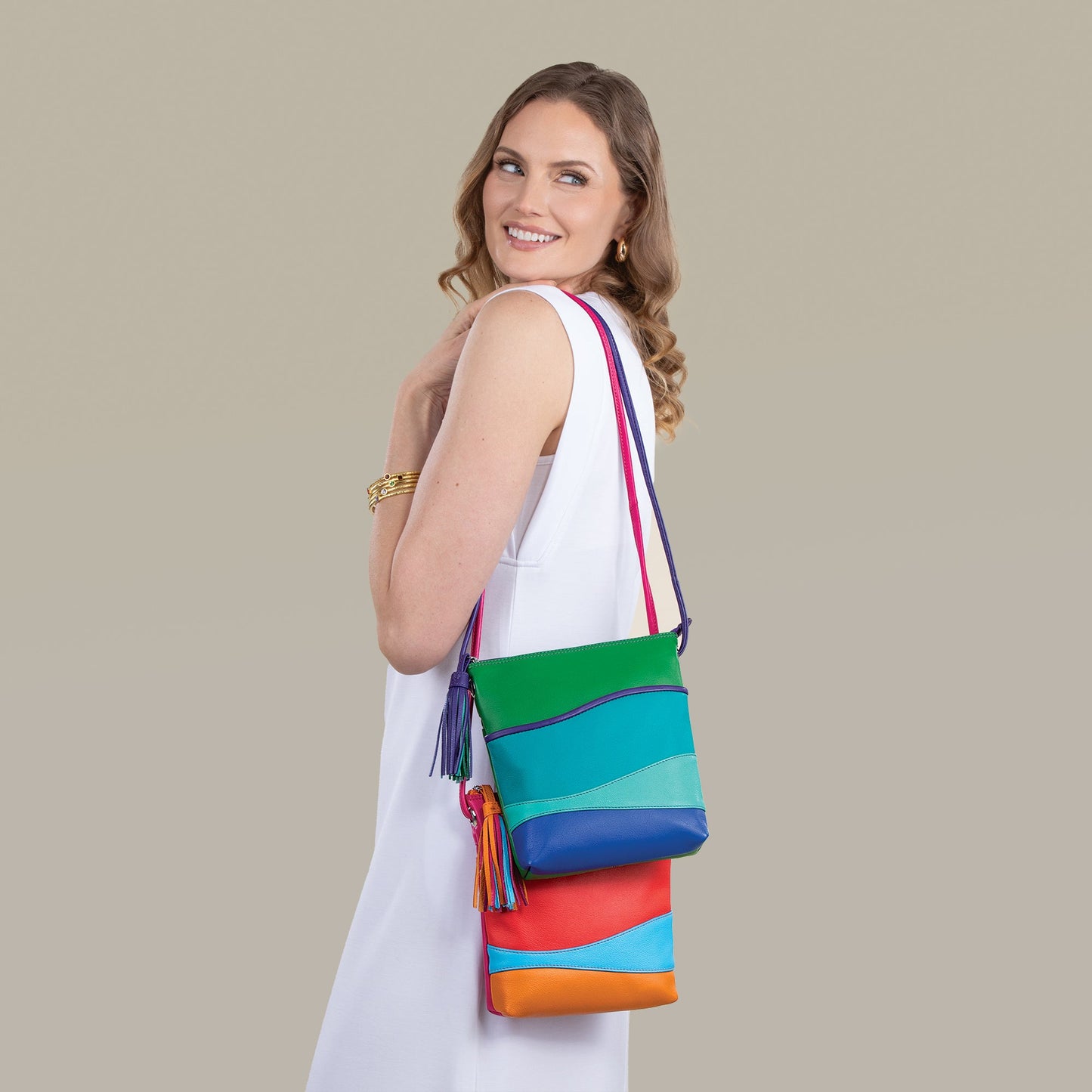 Ocean Waves Multi-Colored Leather Crossbody Tassel Bag