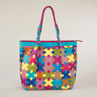 Rainbow Puzzle Pieces Indian Leather Tote (Preorder)