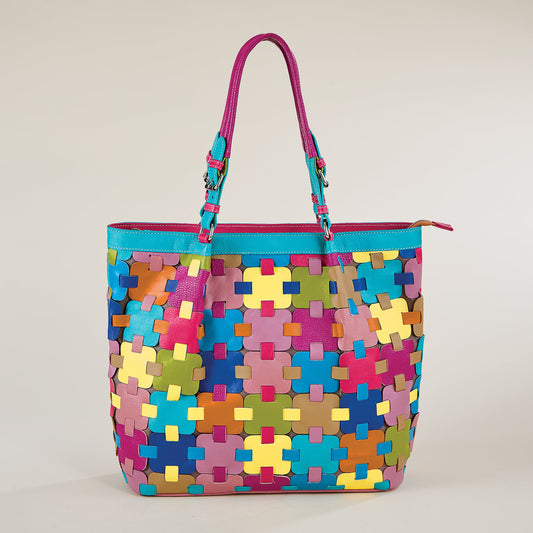 Rainbow Puzzle Pieces Indian Leather Tote (Preorder)
