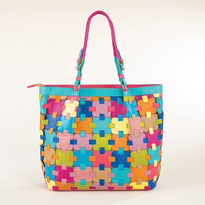 Rainbow Puzzle Pieces Indian Leather Tote (Preorder)