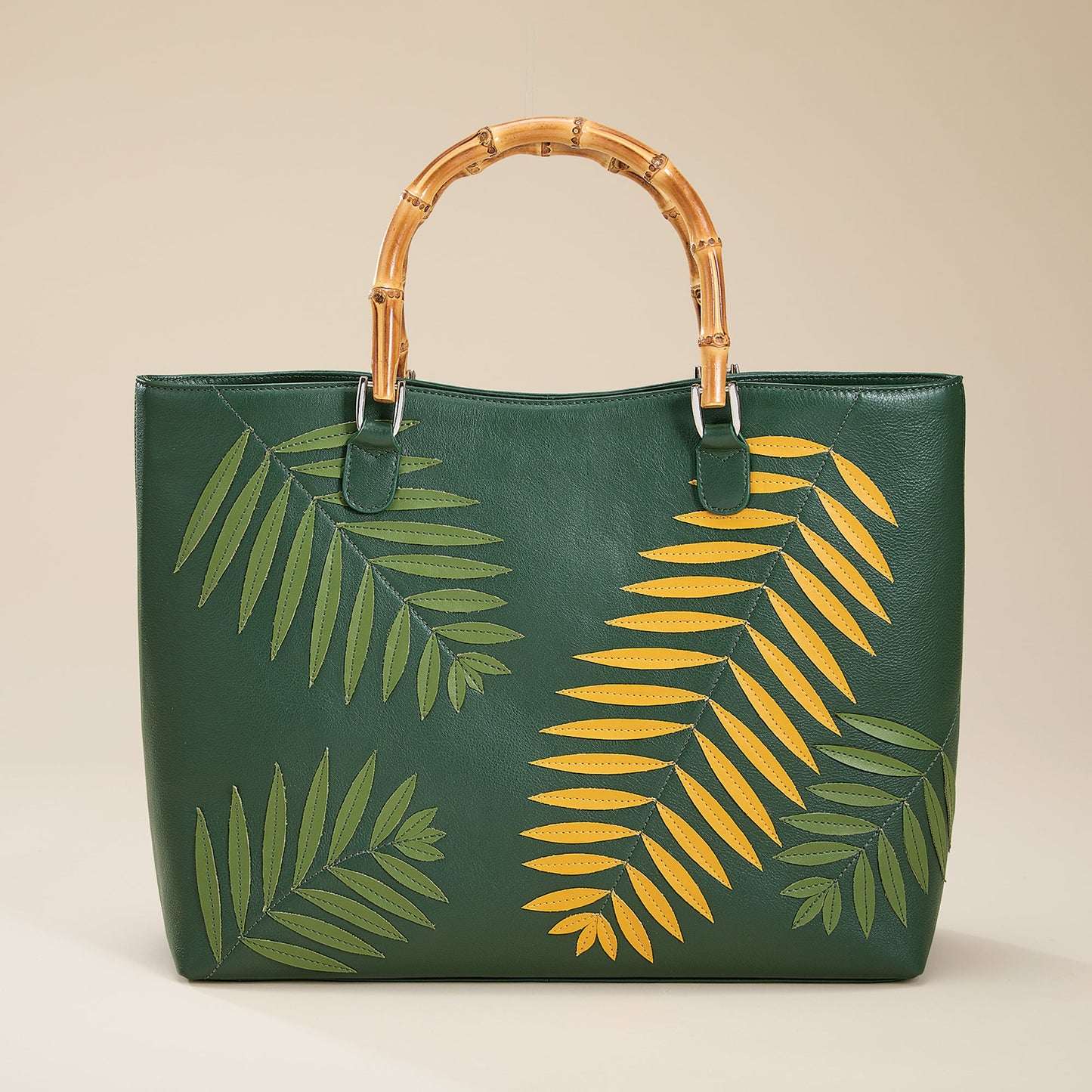 Palm Leaves Green Leather Tote (Preorder)