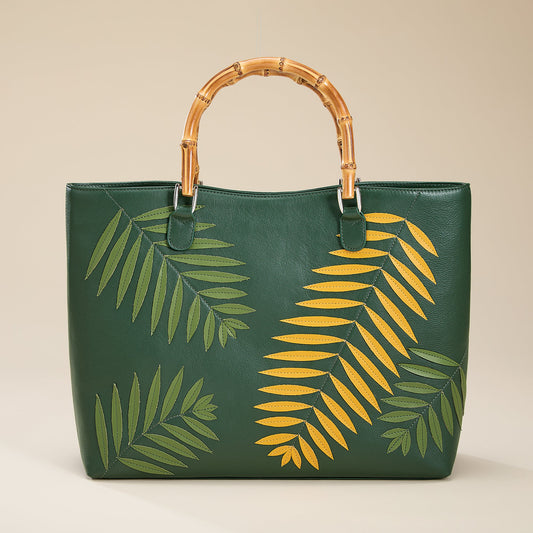 Palm Leaves Green Leather Tote (Preorder)